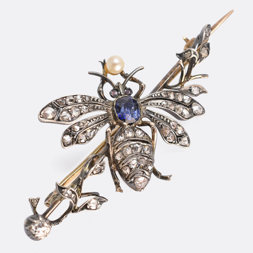 Victorian Diamond, Sapphire & Pearl Insect Brooch