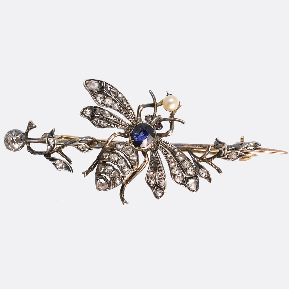 Victorian Diamond, Sapphire & Pearl Insect Brooch