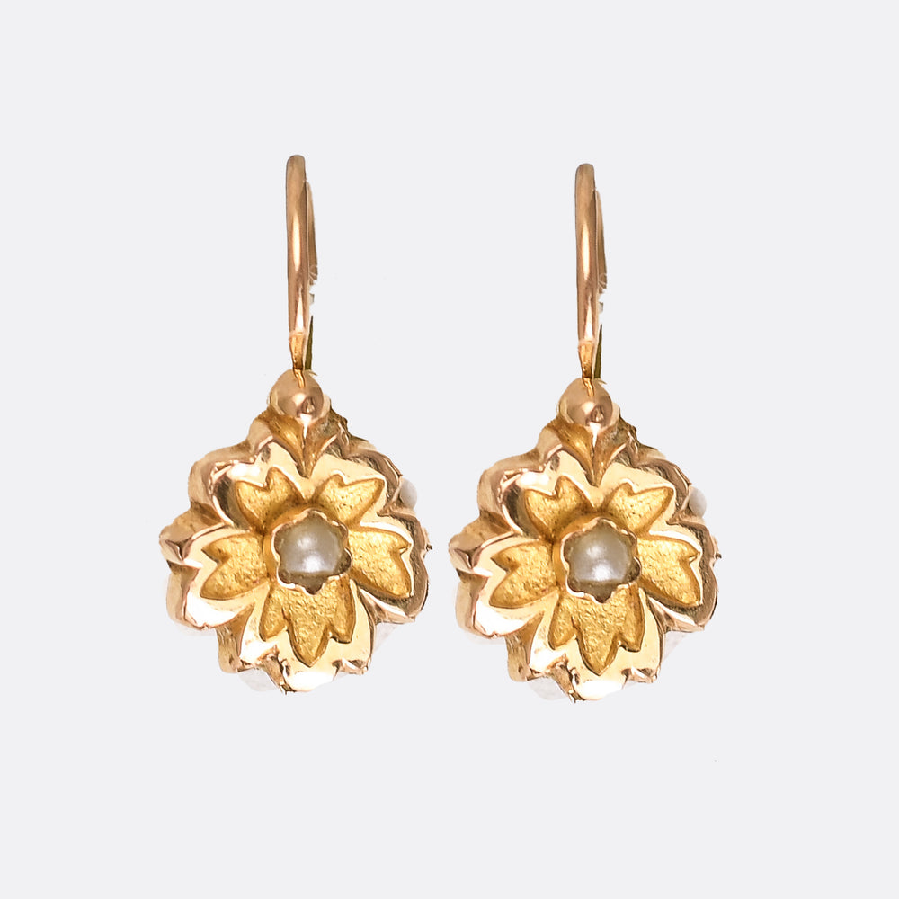 Victorian French Gold Leaf & Pearl Earrings