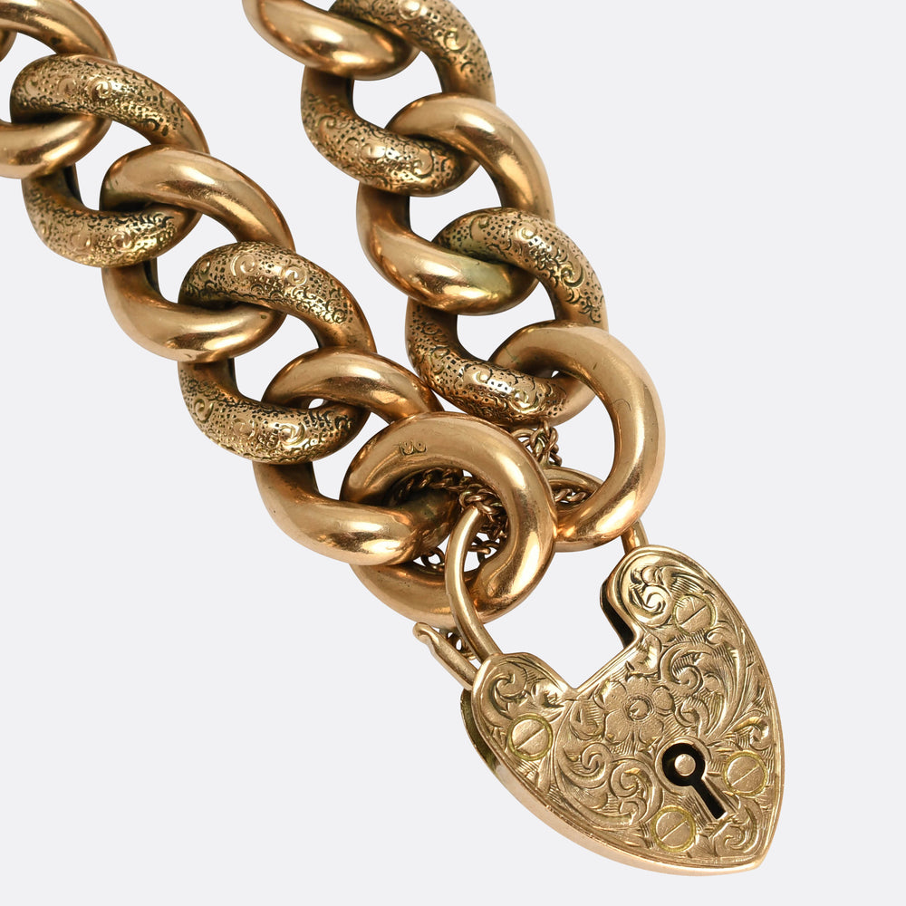 Victorian Gold Curb-Link Bracelet with Heart Padlock