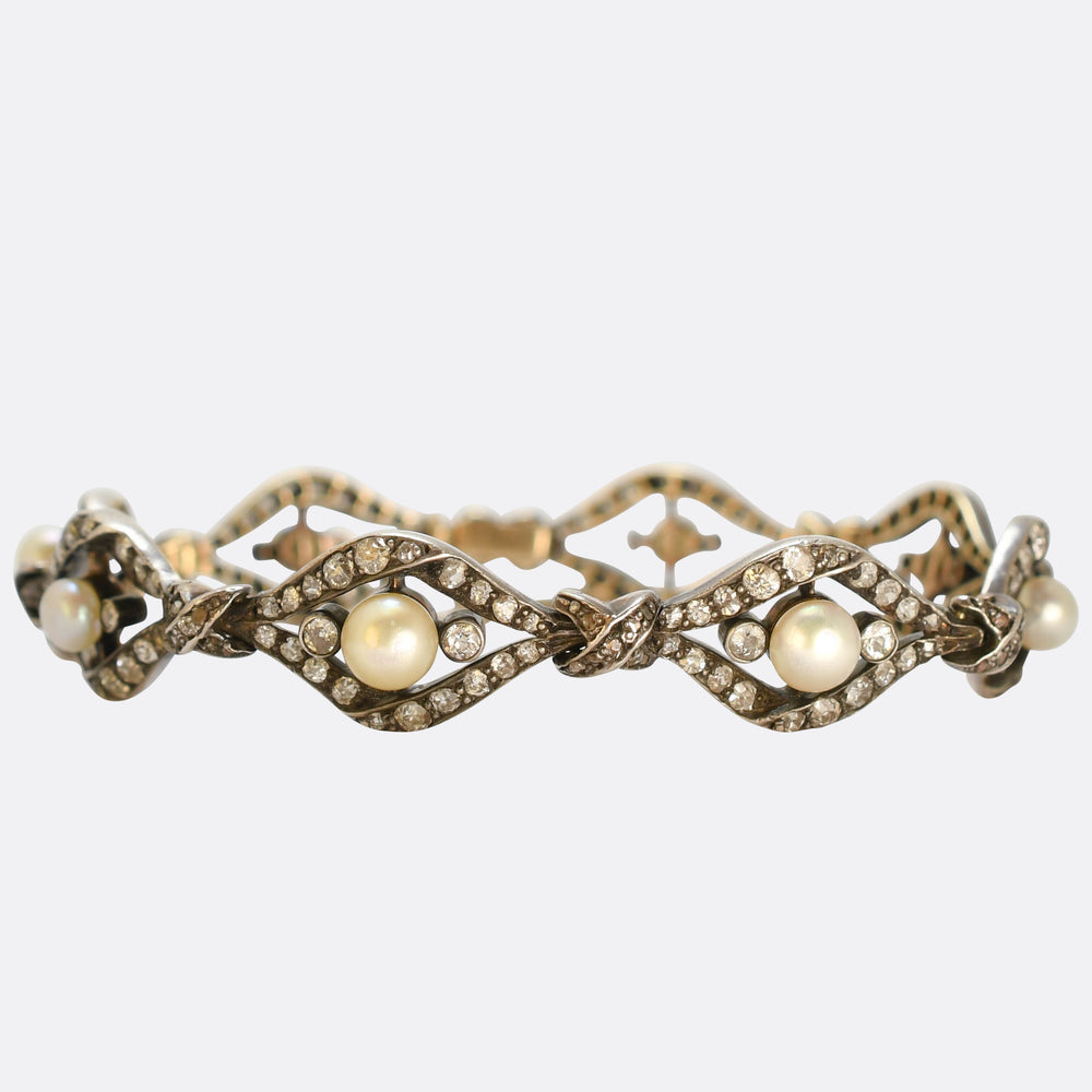 Victorian Natural Pearl & Diamond Link Bracelet