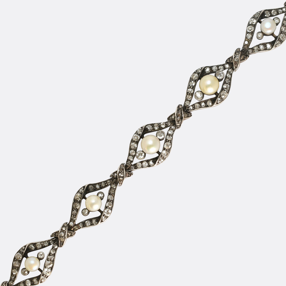 Victorian Natural Pearl & Diamond Link Bracelet