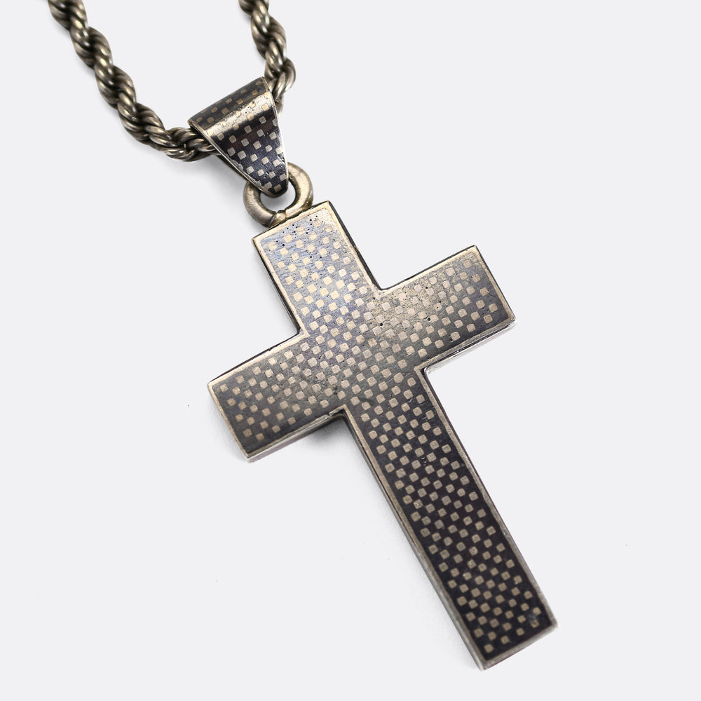 Victorian Niello Cross Pendant & Silver Chain