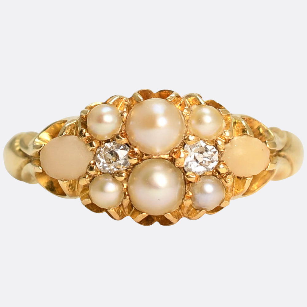 Victorian Pearl, Coral & Diamond Cluster Ring