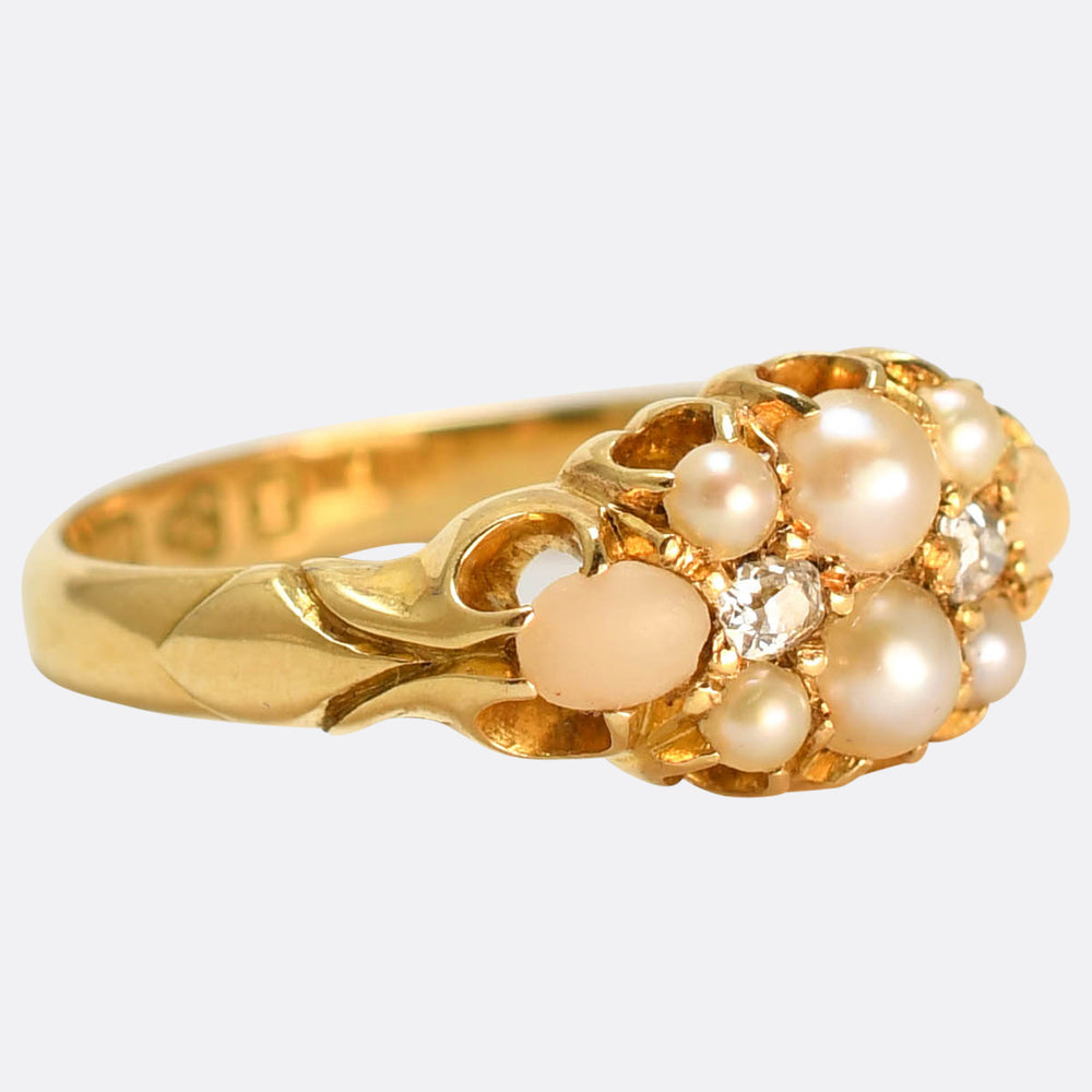 Victorian Pearl, Coral & Diamond Cluster Ring