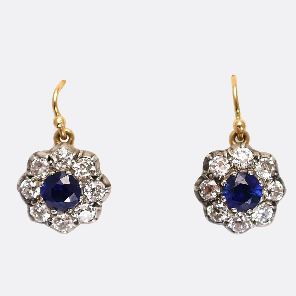 Victorian Sapphire & Diamond Flower Cluster Earrings