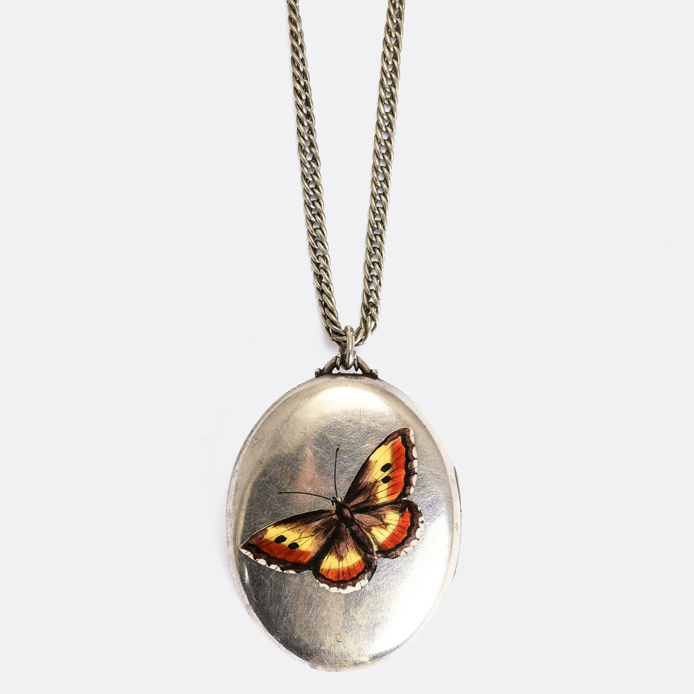 Victorian Silver Butterfly Locket & Chain