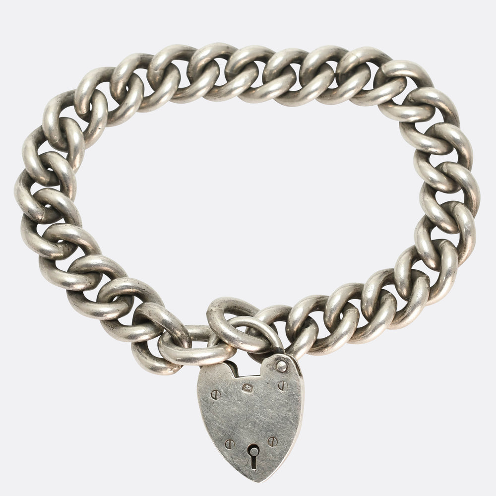 Victorian Silver Curb-Link Bracelet with Heart Padlock Clasp