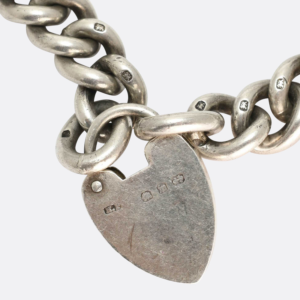 Victorian Silver Curb-Link Bracelet with Heart Padlock Clasp