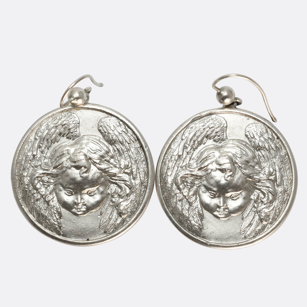 Victorian Silver Winged Cherub Disc Earrings