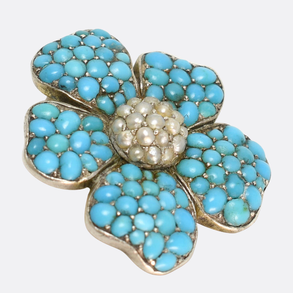 Victorian Turquoise & Pearl Pansy Brooch