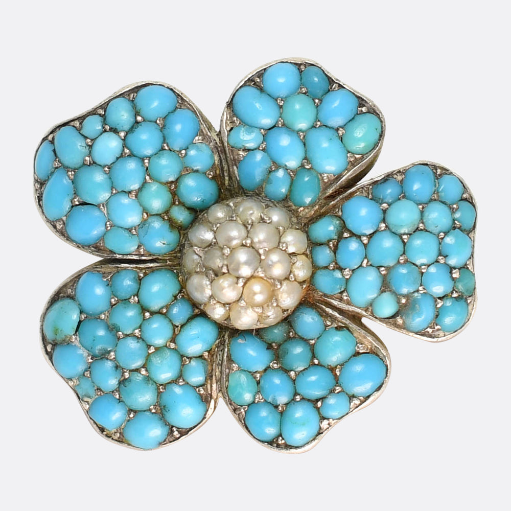 Victorian Turquoise & Pearl Pansy Brooch