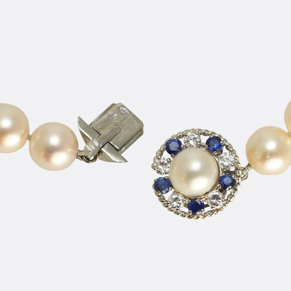 Vintage Cartier Pearl Necklace with Sapphire & Diamond Clasp