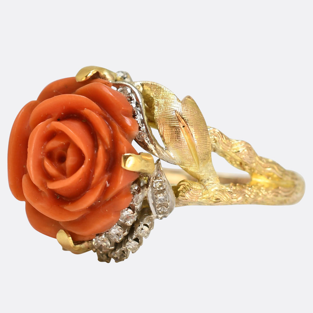 Vintage Carved Coral and Diamond Rose Cocktail Ring