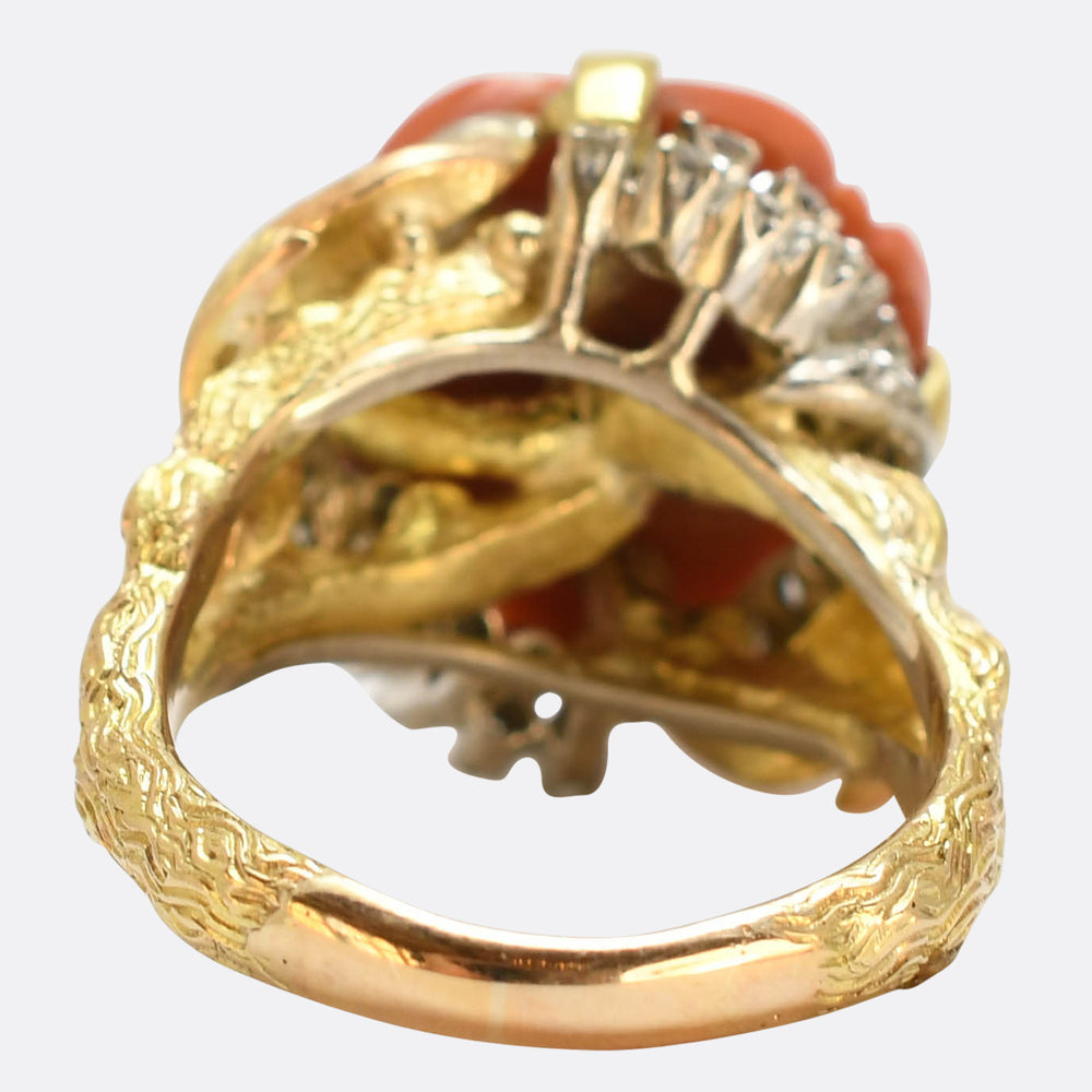 Vintage Carved Coral and Diamond Rose Cocktail Ring