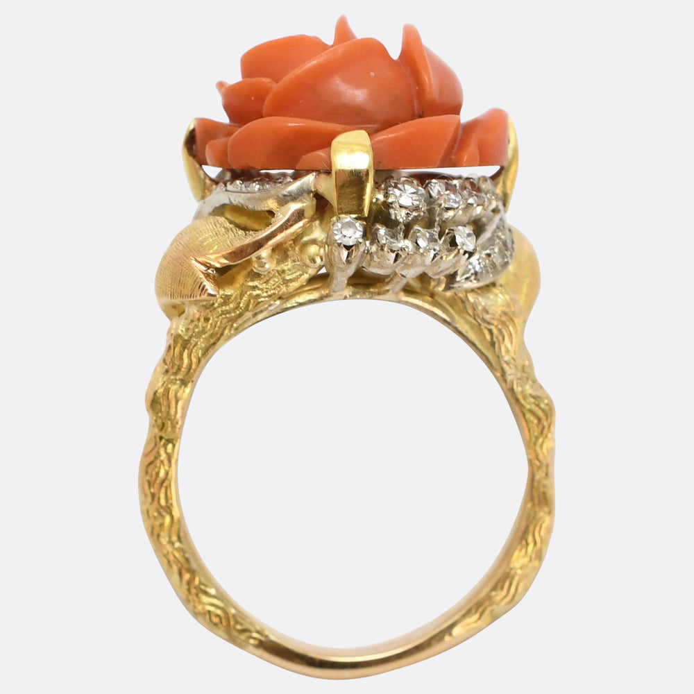 Vintage Carved Coral and Diamond Rose Cocktail Ring