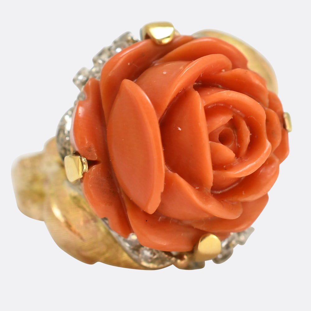 Vintage Carved Coral and Diamond Rose Cocktail Ring