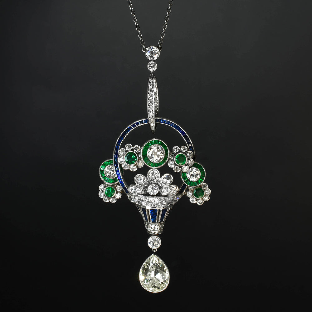 Art Deco Diamond, Sapphire & Emerald Giardinetti Pendant