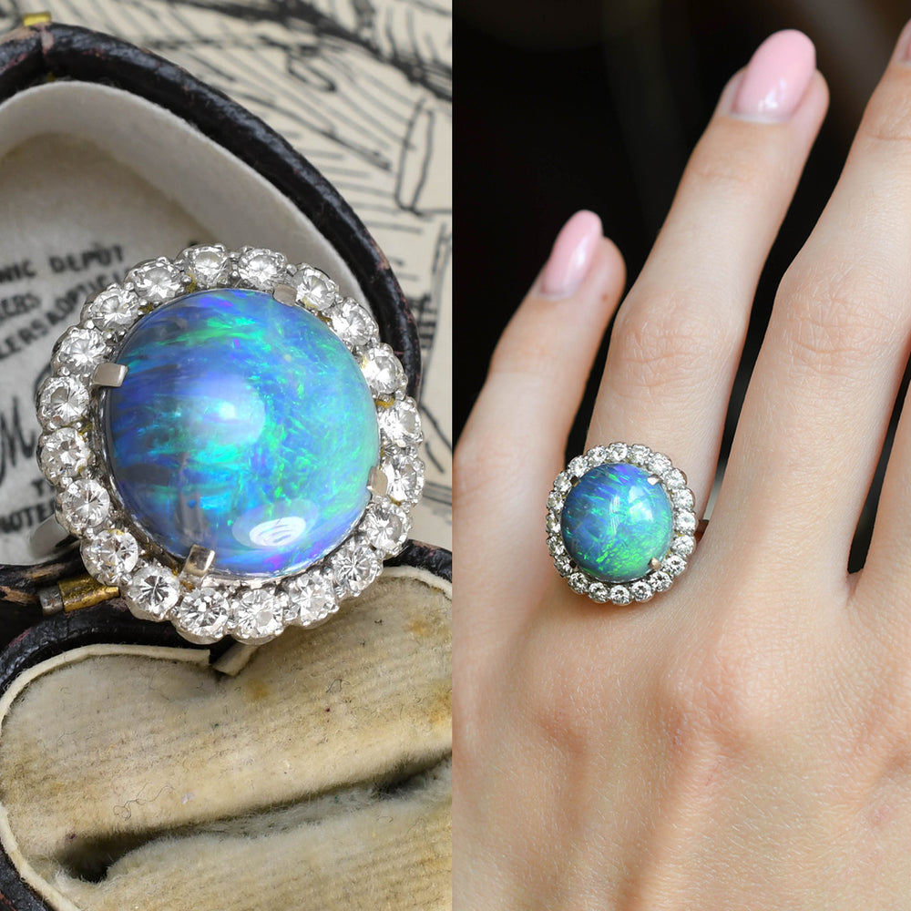 Art Deco Black Opal & Diamond Cluster Ring