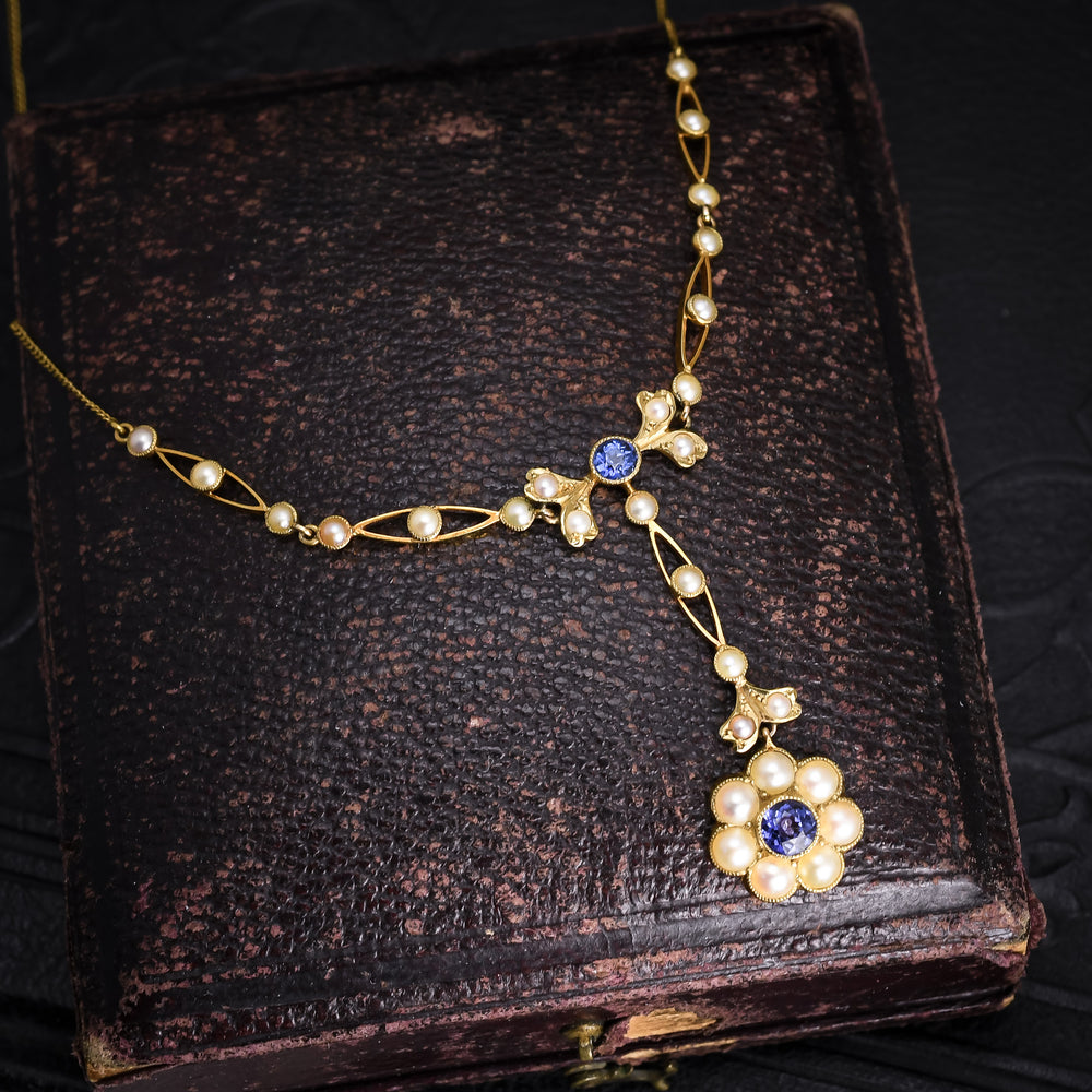 Edwardian Sapphire & Pearl Floral Necklace