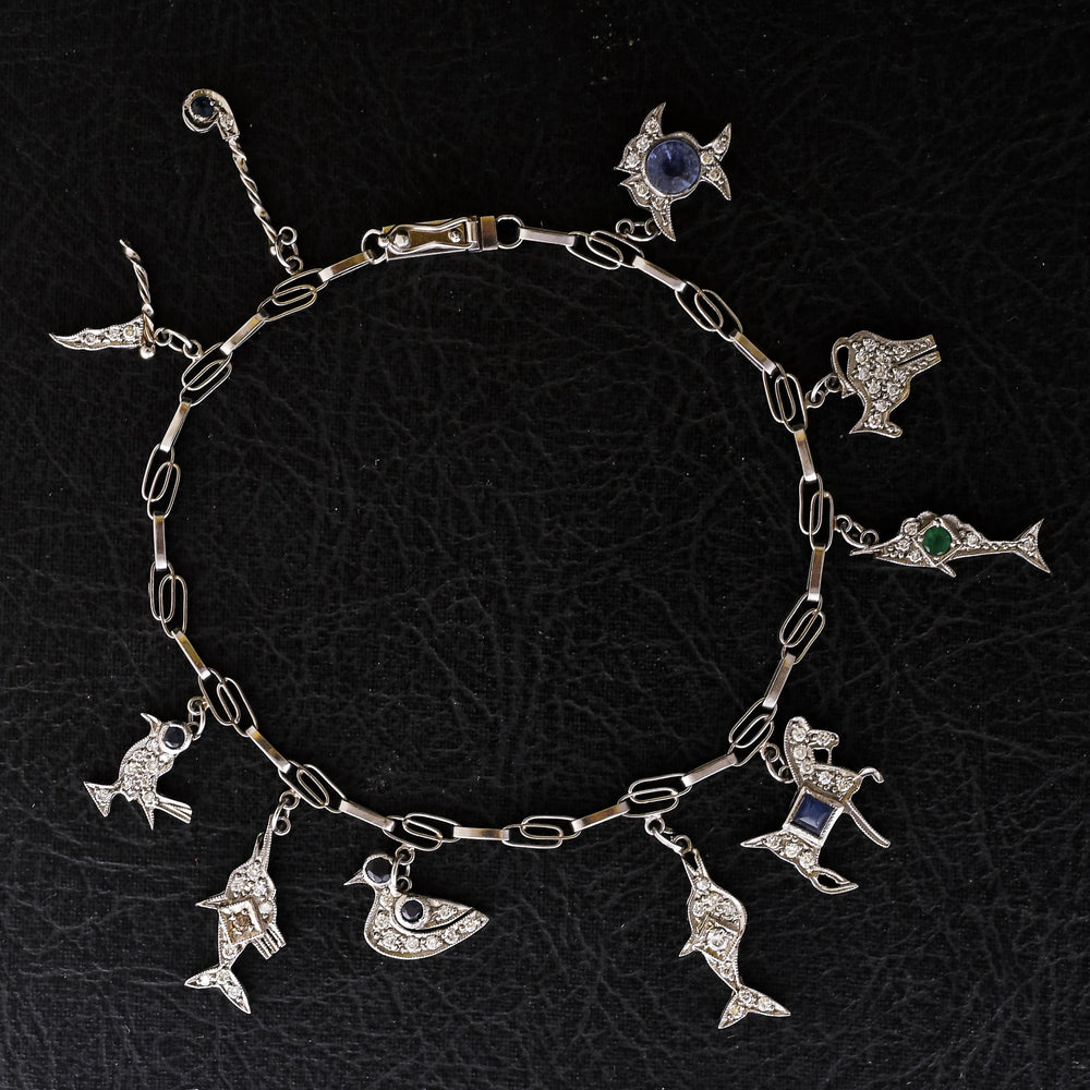 Art Deco Platinum Marine Theme Charm Bracelet