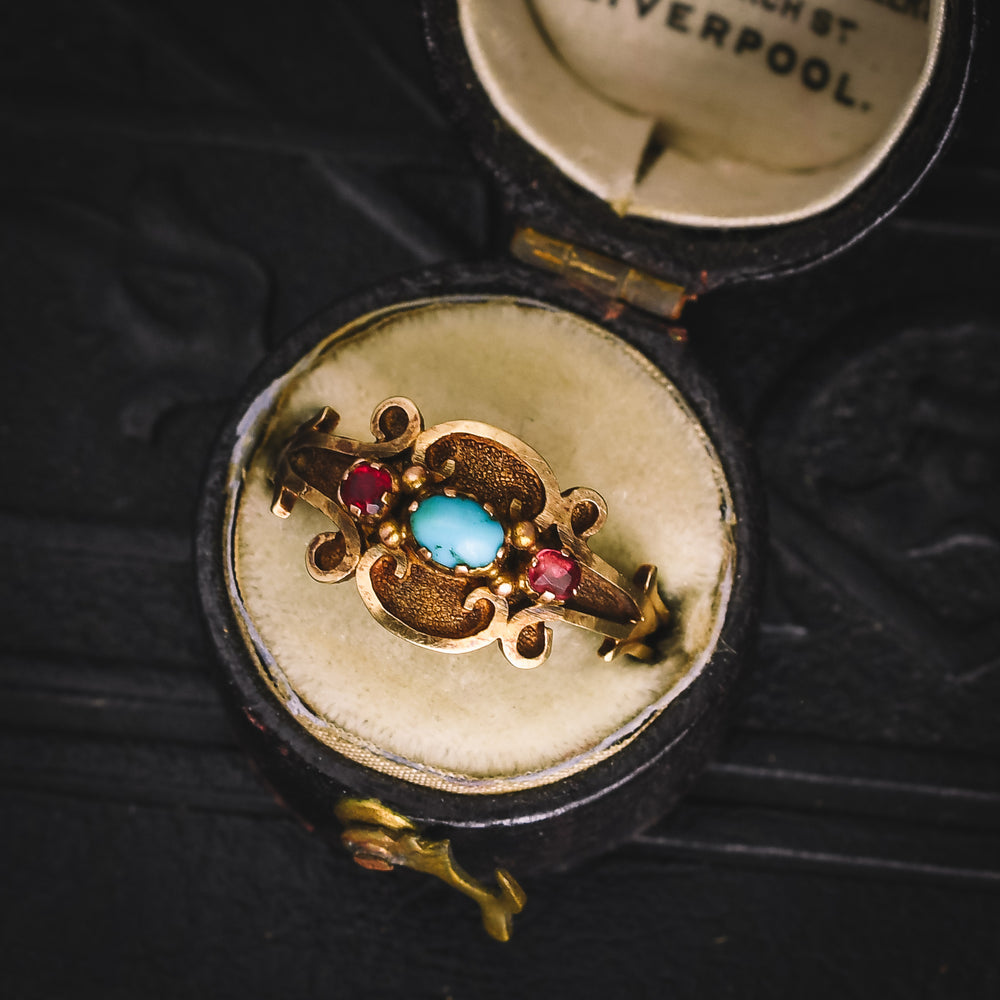 Georgian Regency Turquoise & Ruby Scroll Ring