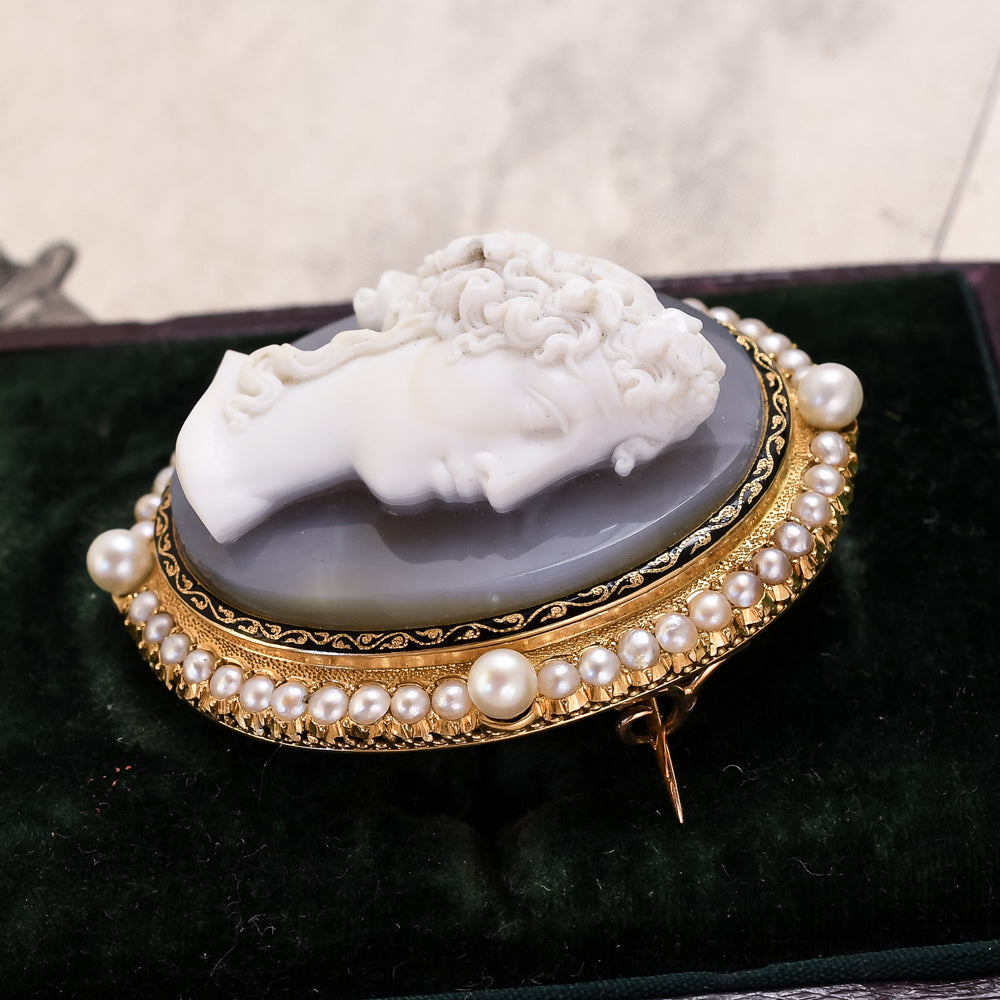 Georgian Pearl & Enamel Bacchante Cameo Brooch