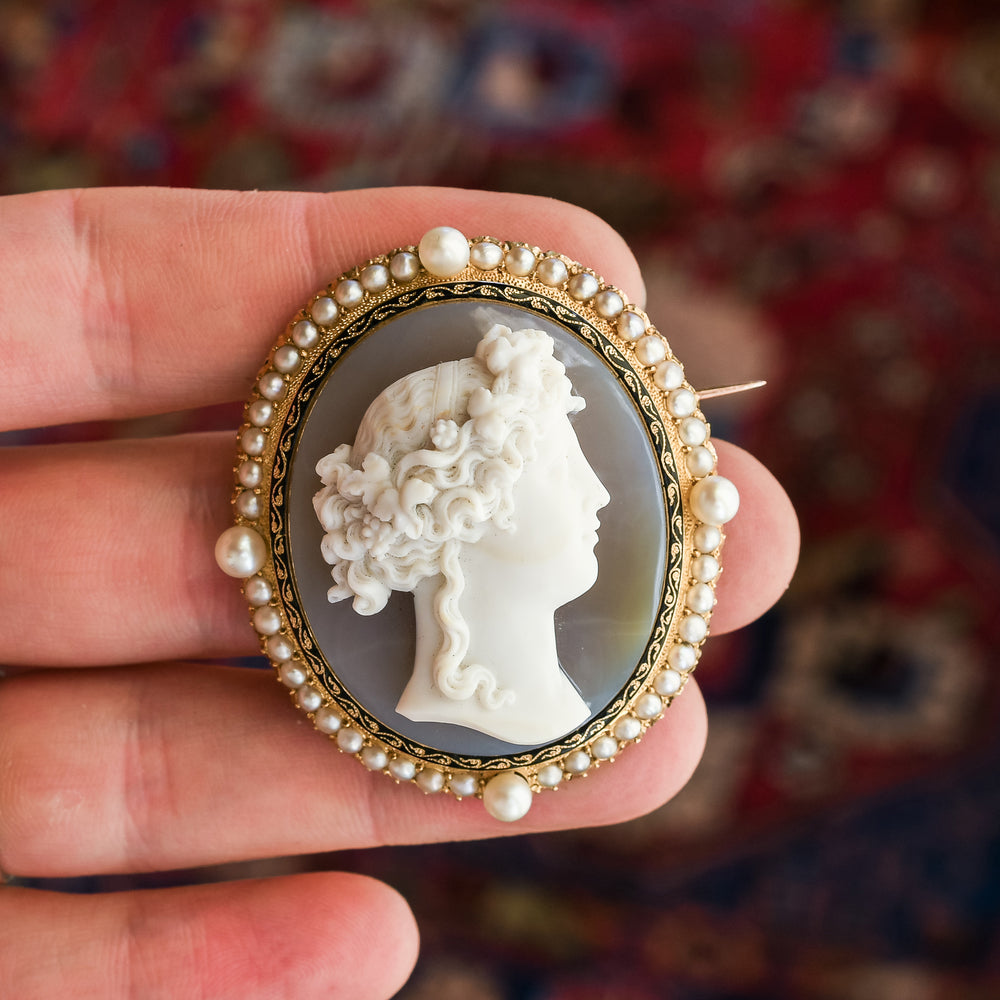 Georgian Pearl & Enamel Bacchante Cameo Brooch