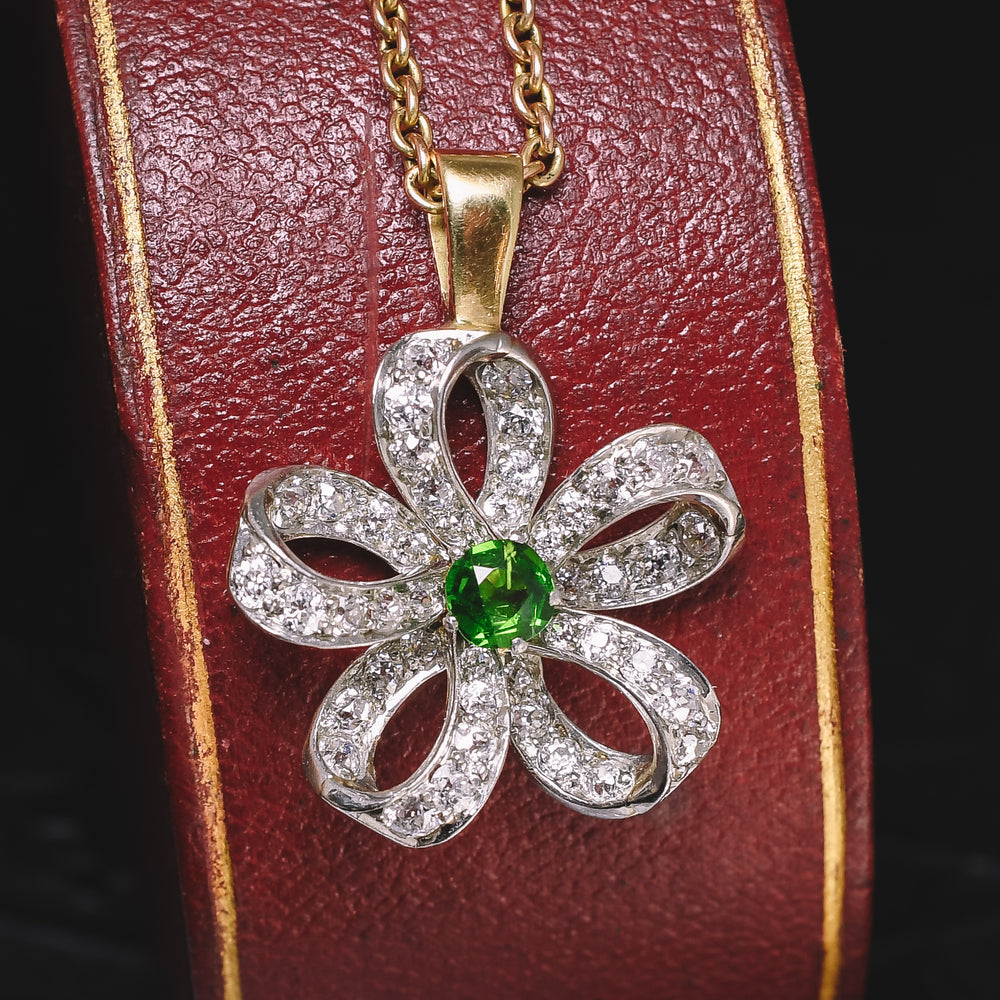 Edwardian Demantoid Garnet & Diamond Flower Brooch