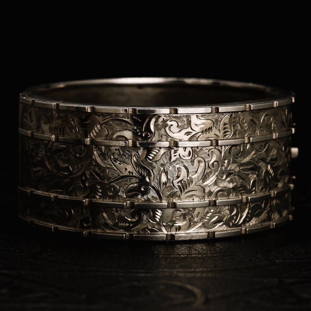 Victorian Foilate Chased Silver Cuff Bangle