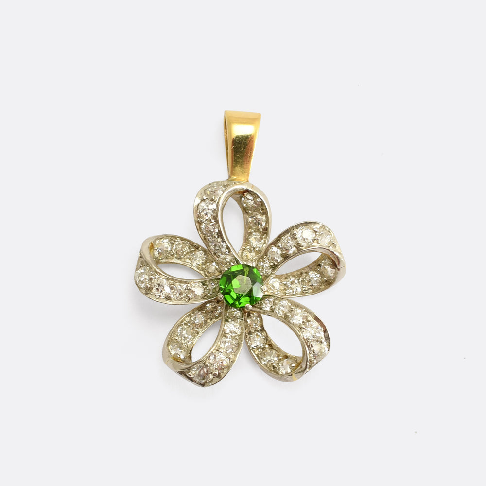 Edwardian Demantoid Garnet & Diamond Flower Brooch