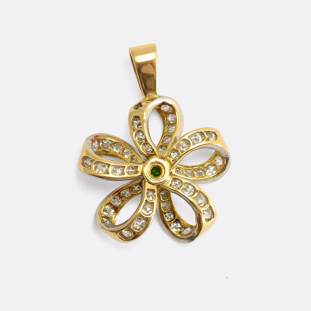 Edwardian Demantoid Garnet & Diamond Flower Brooch