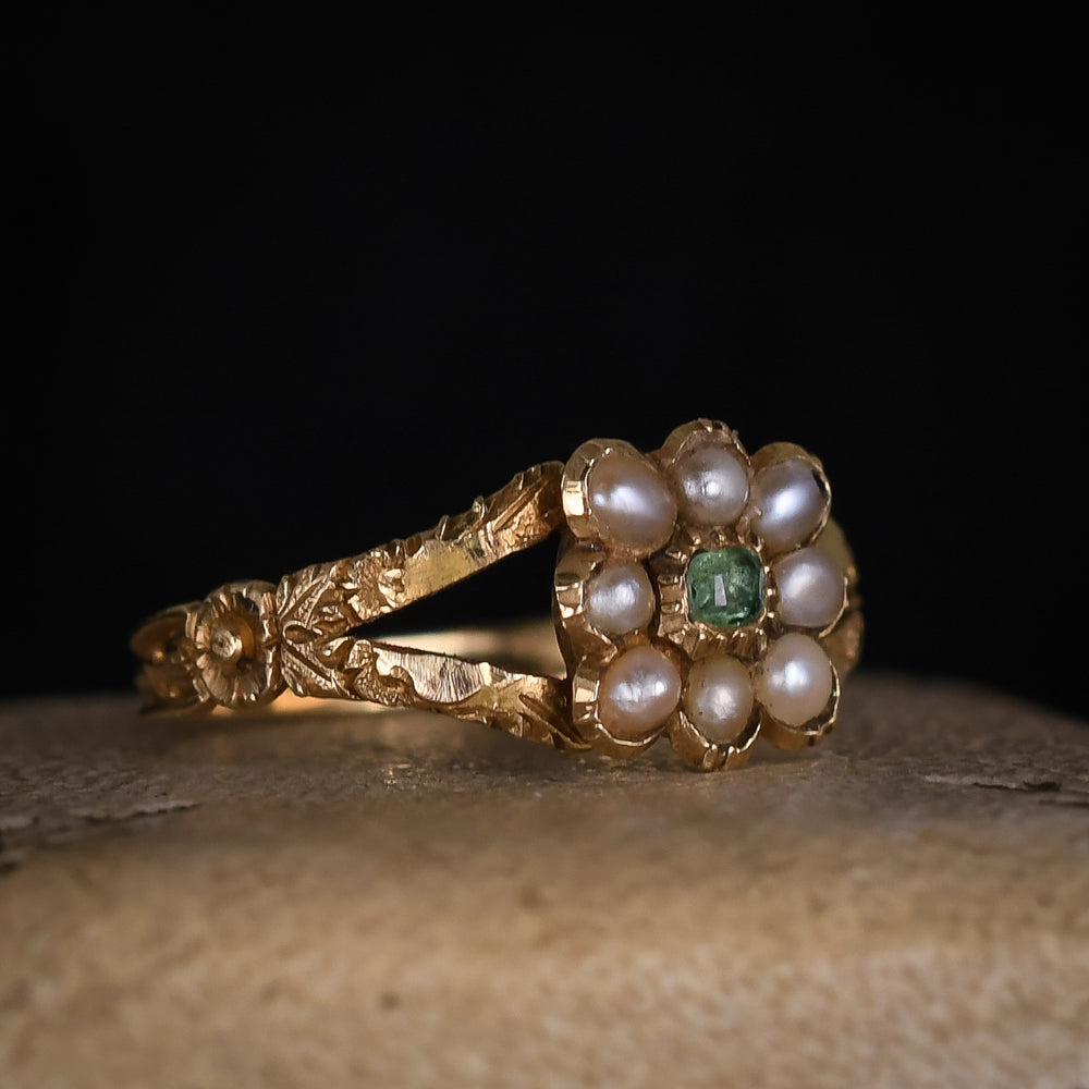 Georgian Emerald & Pearl Cushion Cluster Ring