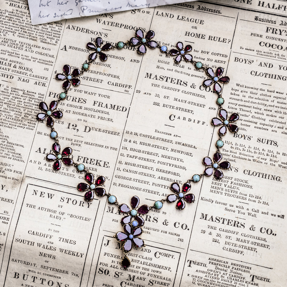 Georgian Garnet & Turquoise Flower Rivière Necklace