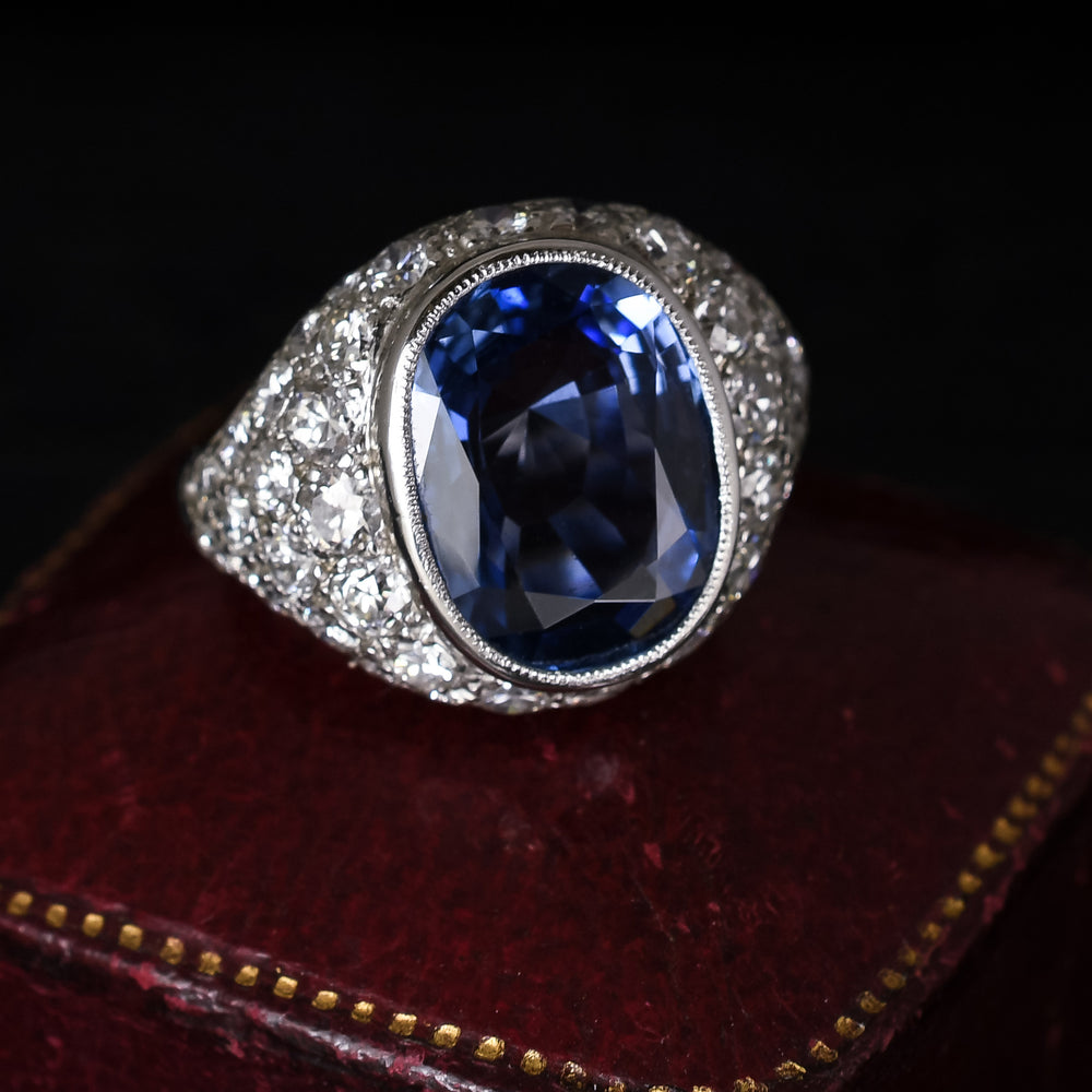 Art Deco 7.57ct No-heat Burma Sapphire Cocktail Ring