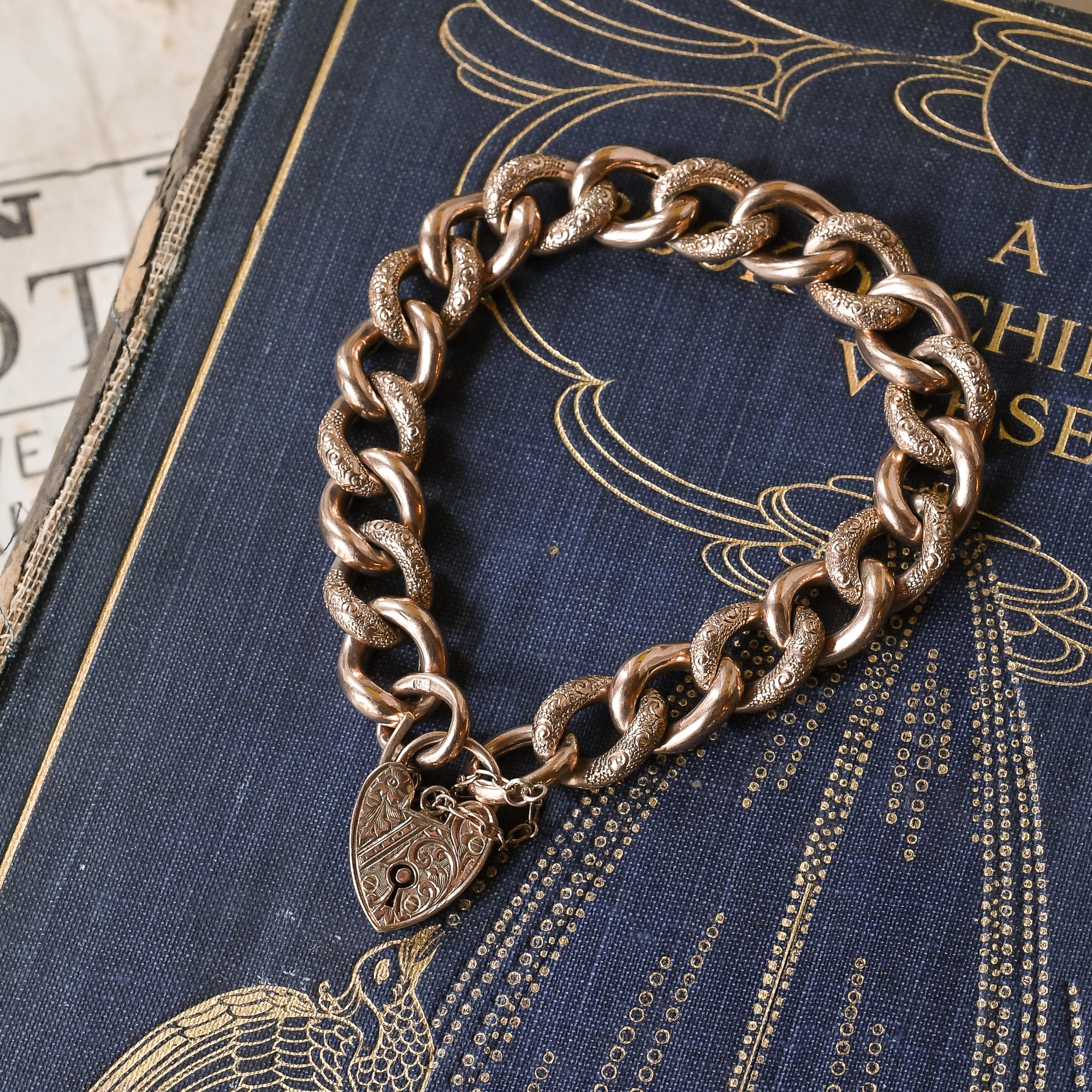 Lovely Antique 9k Rose Gold Curb Link Bracelet With Heart Lock Clasp -   Canada
