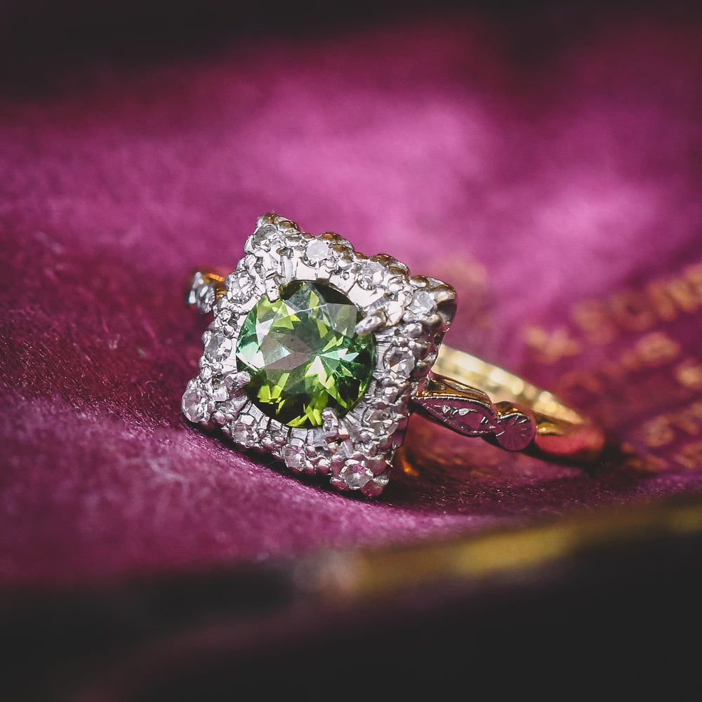 Victorian Peridot & Diamond Square Cluster Ring