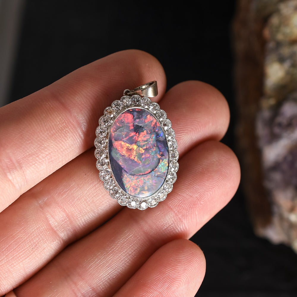 Art Deco Black Opal & Diamond Flower Cluster Pendant