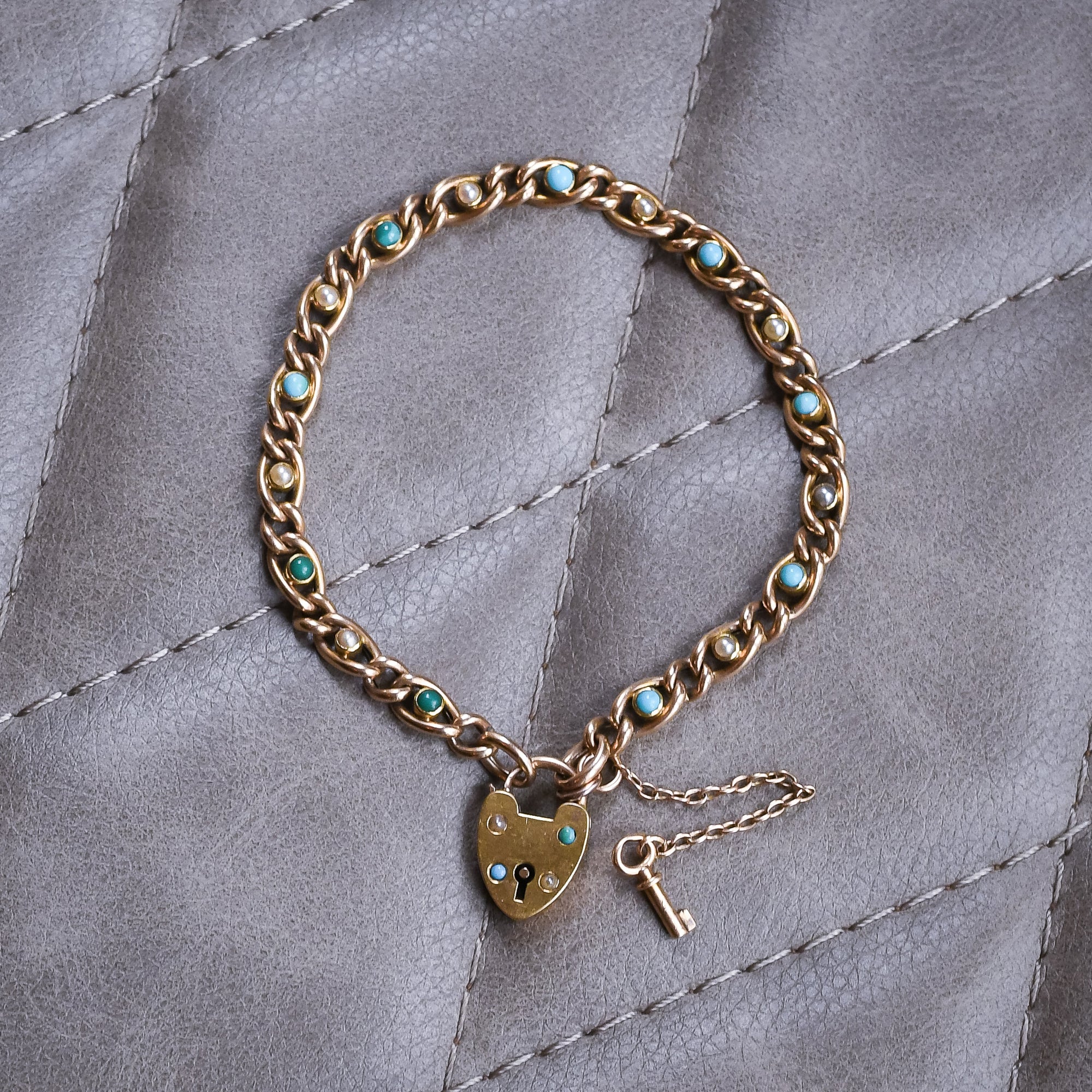 Victorian Turquoise & Pearl Curb-Link Bracelet with Heart Padlock – Butter  Lane Antiques