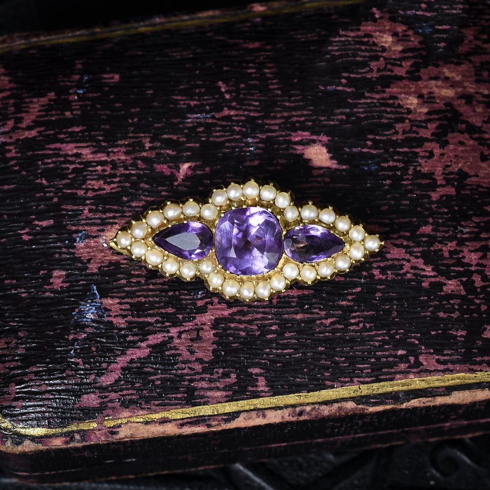 Georgian Amethyst Paste & Pearl Trilogy Brooch