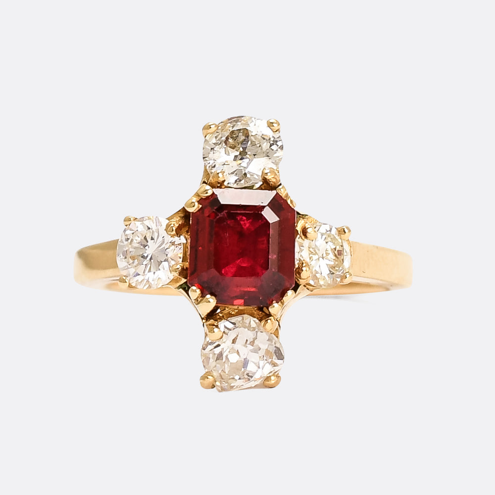 Vintage Red Spinel & Diamond Compass Point Ring