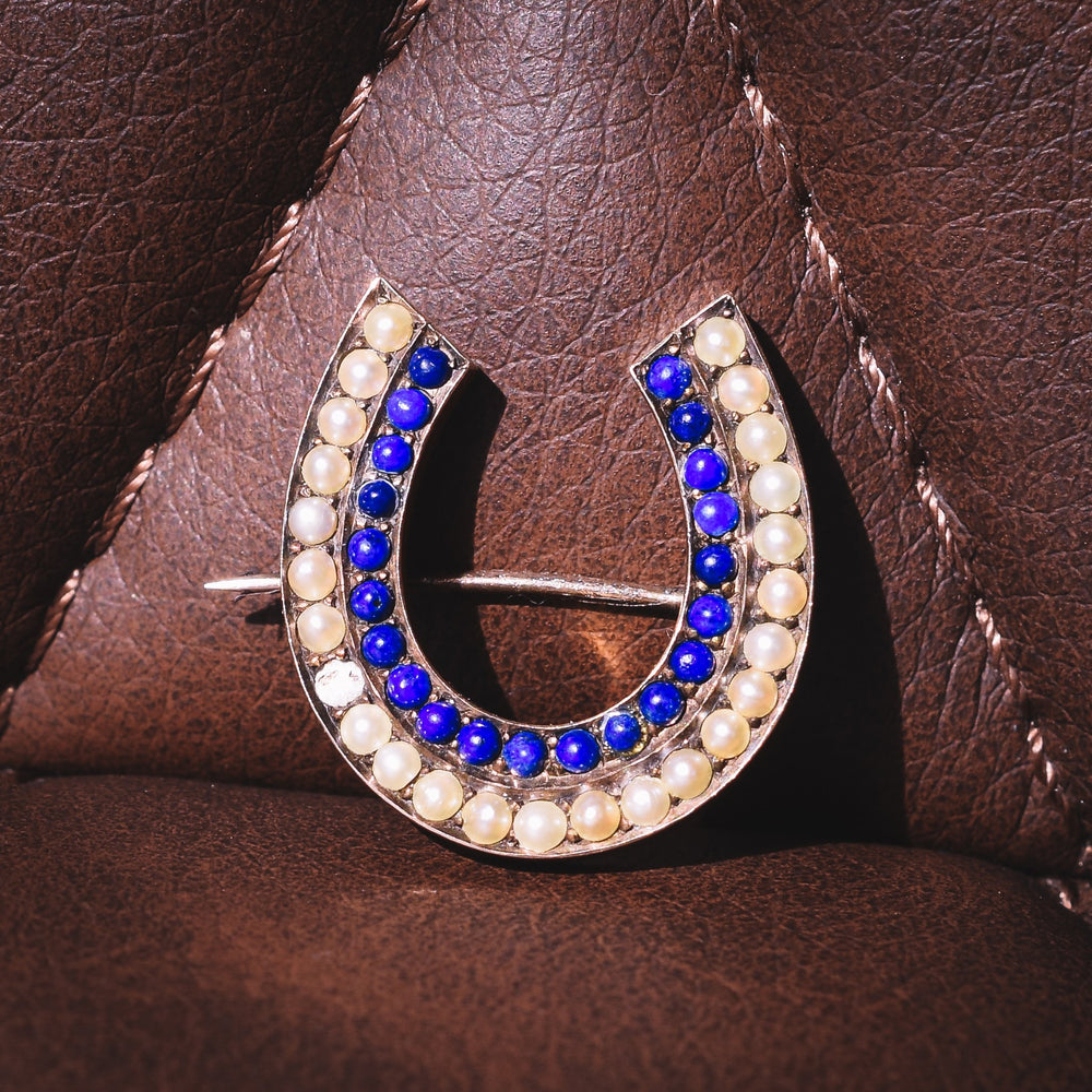 Victorian Pearl & Lapis Lazuli Lucky Horseshoe Brooch