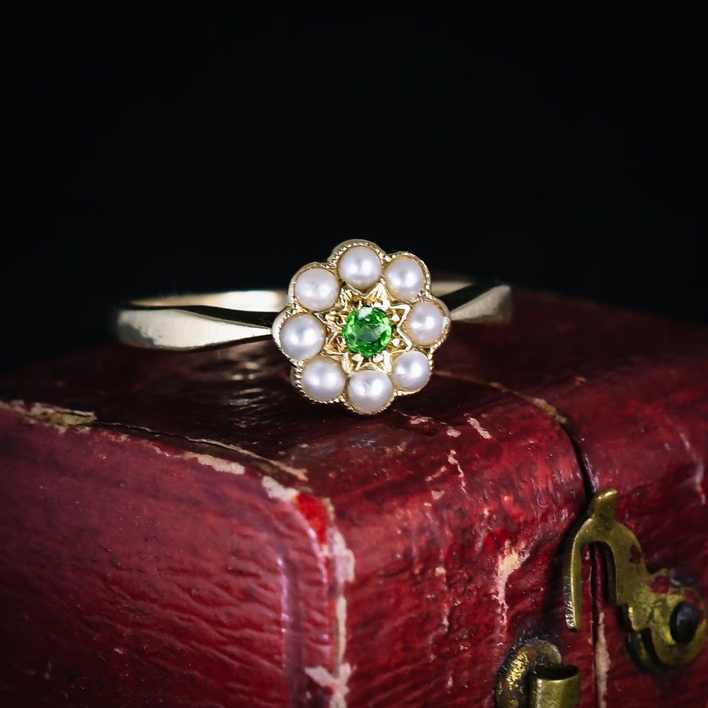 Victorian Pearl & Demantoid Garnet Flower Ring