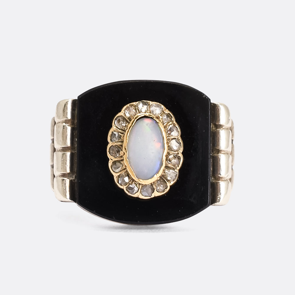 Art Deco Opal Diamond & Onyx Panel Cocktail Ring