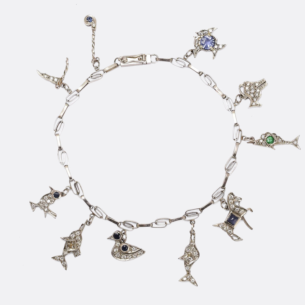 Art Deco Platinum Marine Theme Charm Bracelet