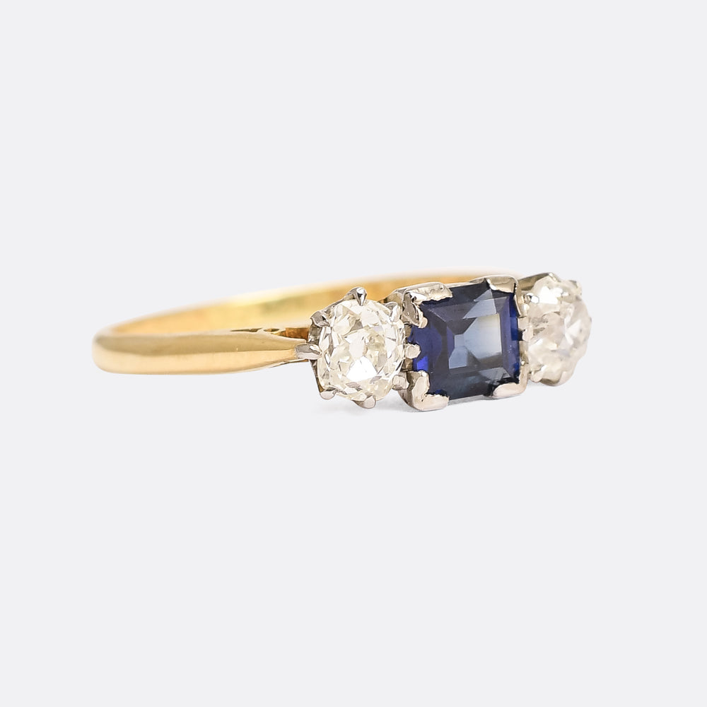 Art Deco Square Sapphire & Diamond Trilogy Ring