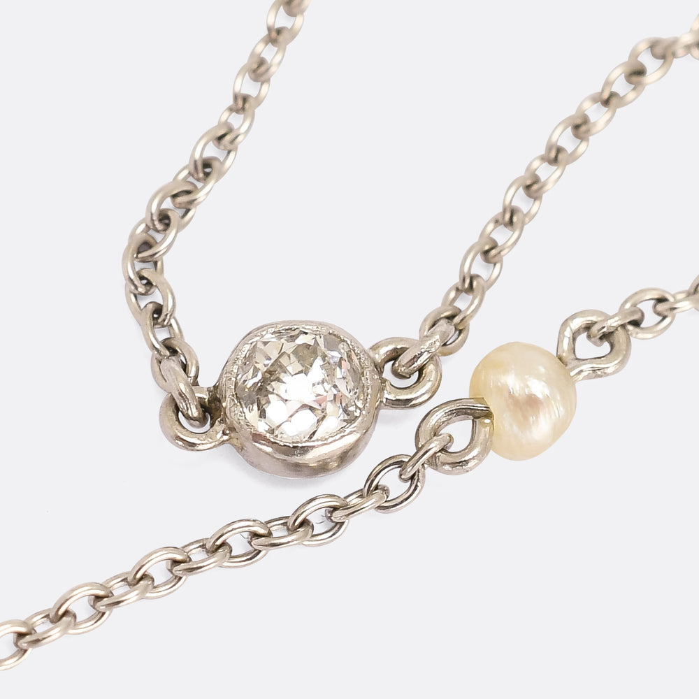 Edwardian Platinum Pearl & Diamond Chain Necklace