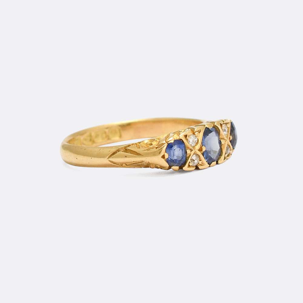 Edwardian Sapphire & Diamond Scrolled 3-Stone Ring