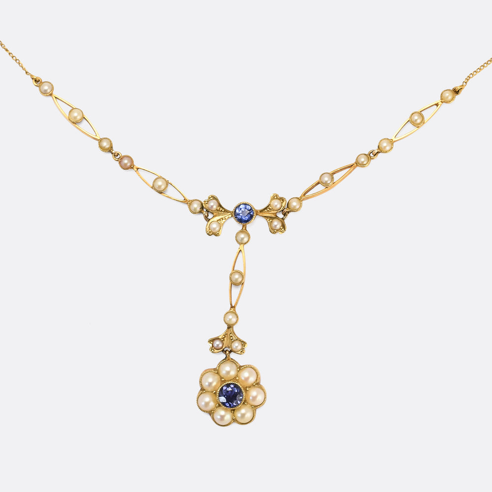 Edwardian Sapphire & Pearl Floral Necklace