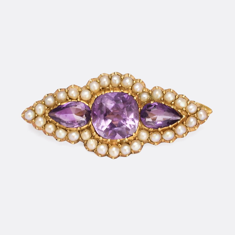 Georgian Amethyst Paste & Pearl Trilogy Brooch